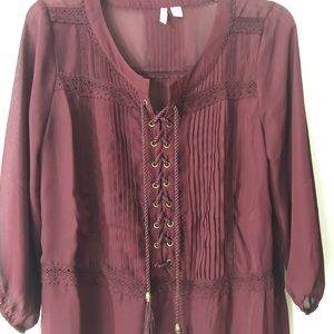CATO-Burgundy Sheer Lace up Blouse-Size Medium